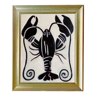 Original Framed Lobster Painting, Dark Academia Coastal Wall Art, Oil on Canvas in Ornate Gold Frame, 14x17 Maximalist Boho Home Decor For Sale
