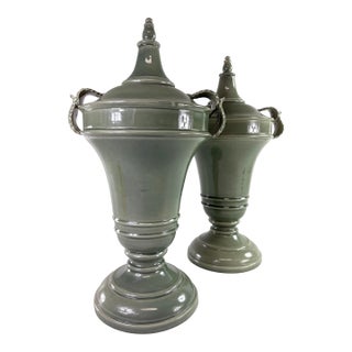 Global Views Italian Sage Green Large Terracotta Urns For Sale