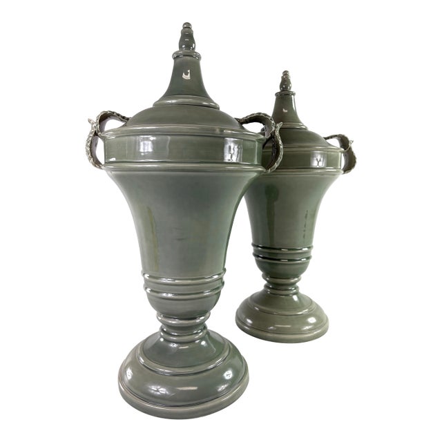 Global Views Italian Sage Green Large Terracotta Urns For Sale