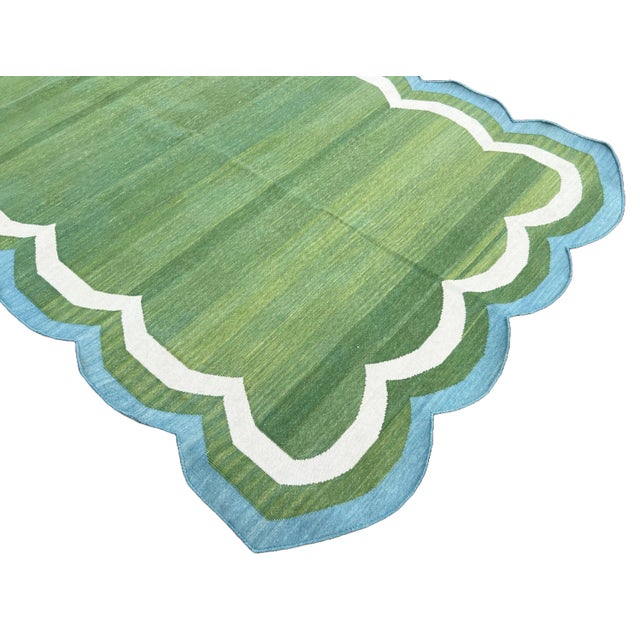 Not Yet Made - Made To Order Handmade Cotton Area Rug, Flat Weave Moss Green Scalloped Dhurrie Teal Blue Border - 5'x7' For Sale - Image 5 of 10