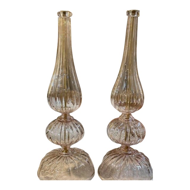 Gorgeous pair of pink Murano glass lamps. These have lovely pale pink glistening glass. So pretty!!