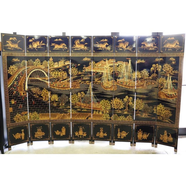 Large Chinoiserie 8-panel coromandel two sided lacquered wood room divider screen. One scenic side with landscapes,...