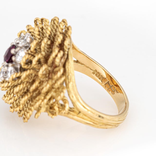 Metal 60s Vintage Diamond Ruby Ring Sz 5.25 18k Yellow Gold Flower Cocktail Jewelry For Sale - Image 7 of 7