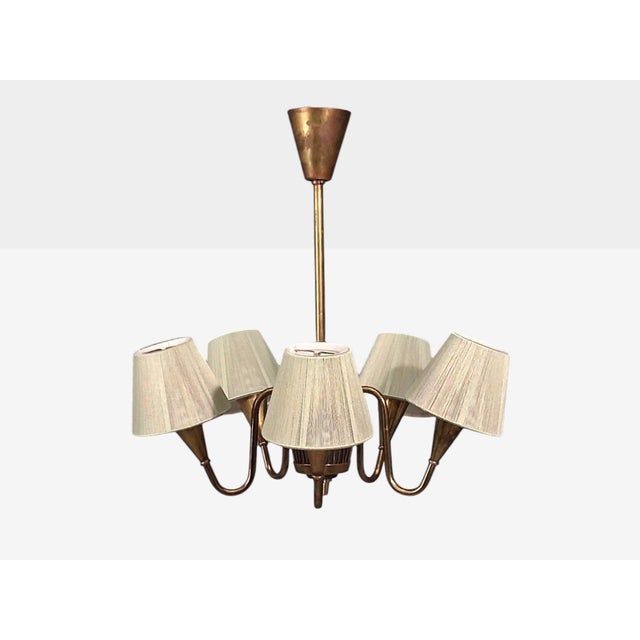 1950s 1950s Swedish Modern, Five Arm Chandelier, Patinated Brass For Sale - Image 5 of 13
