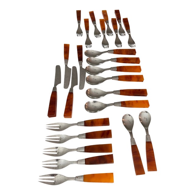 1950s Faux Tortoise Shell Bakelite and Stainless Flatware by Supreme Cutlery Japan- 24 Pieces For Sale