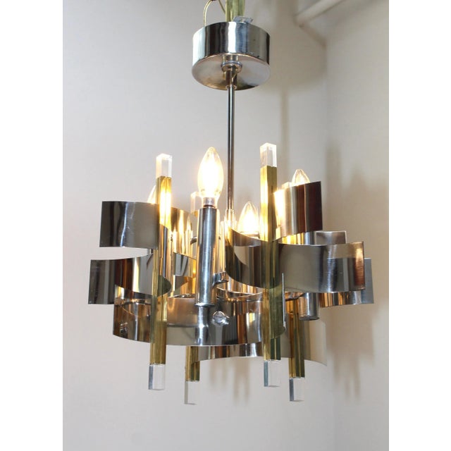 1970s Mid-Century Modern Gaetano Sciolari brass, chrome and Lucite petite chandelier.
