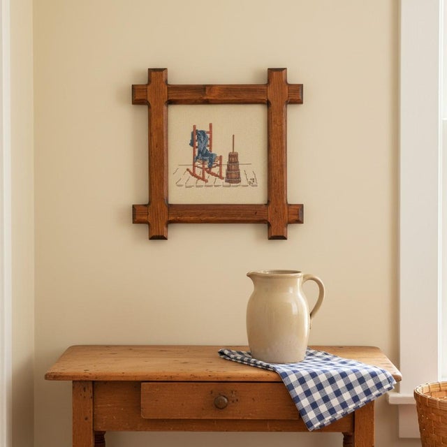 Vintage 1982 Cross Stitch Rocking Chair-Americana-Folk Art-Rustic Wood Frame For Sale - Image 6 of 10