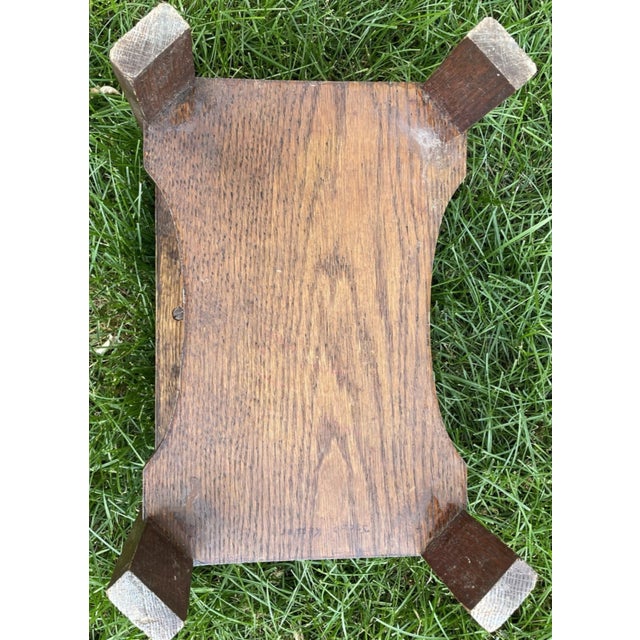 Brown Antique Arts and Crafts Wood & Leather Footstool, Signed For Sale - Image 8 of 14