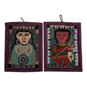 Beaded and Sequined Haitian Drapo Vodou Flags - 2 Pieces