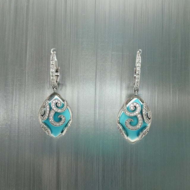 2010s Persian Turquoise Diamond Pendant Earrings 14k WG 26.85 TCW Certified For Sale - Image 5 of 15