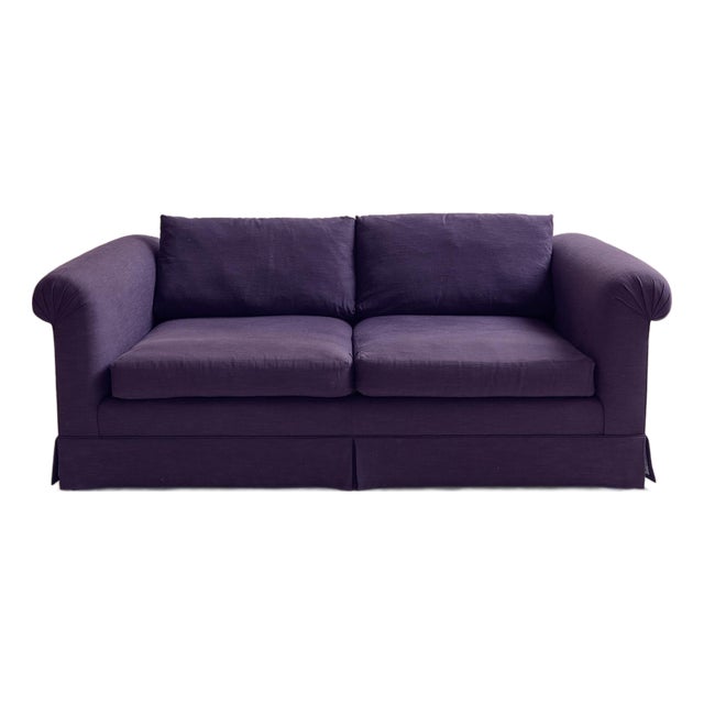 The Vintage Deep Plum Linen Down-Filled Loveseat For Sale