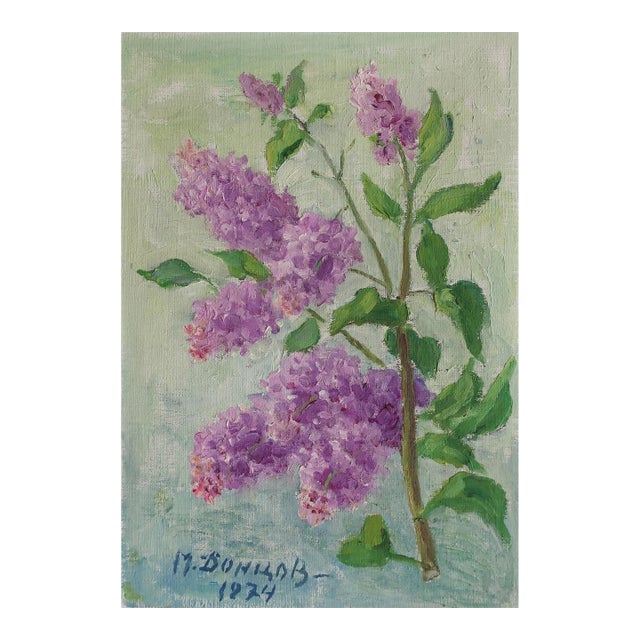 1970s Lilac Still Life, Oil Painting, Ukrainian Art 50-35 For Sale