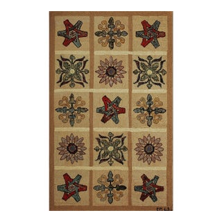 1960s Beige Vintage Geometric Initals Em 63 American Folk Art Hooked Wool Rug For Sale