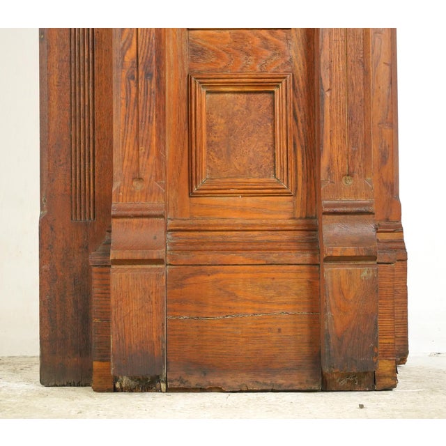 Antique Victorian Burl Veneer Paneled Oak Fireplace Mantel For Sale - Image 10 of 16