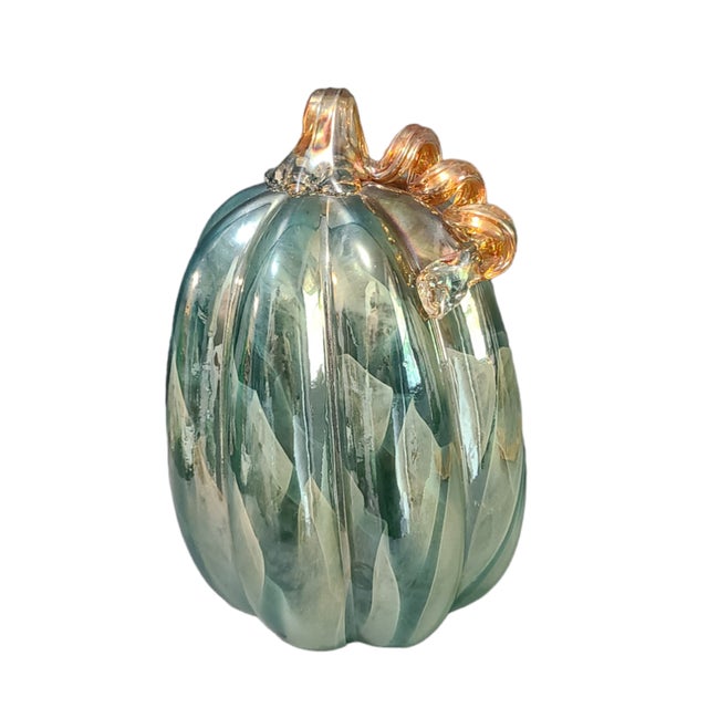 Teal Late 20th Century Art Glass Hand Blown Teal Blue & Gold Iridescent Decorative Pumpkin For Sale - Image 8 of 8
