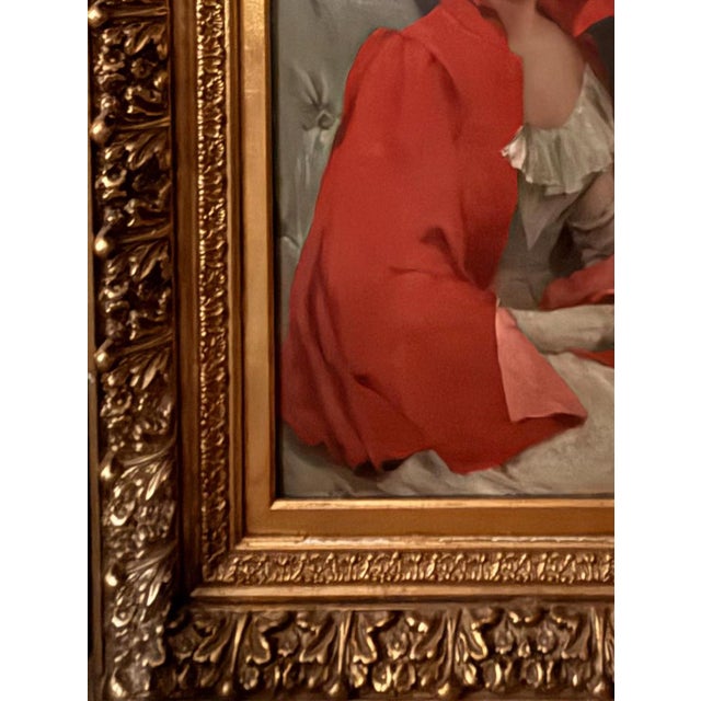 1900s 42" Signed William Henry Hyde Ana Gilded Age Oil Portrait, Socialite in Red Cloak and Ostrich Fan, Antique Gold Frame, Museum Quality For Sale In Portland, ME - Image 6 of 18