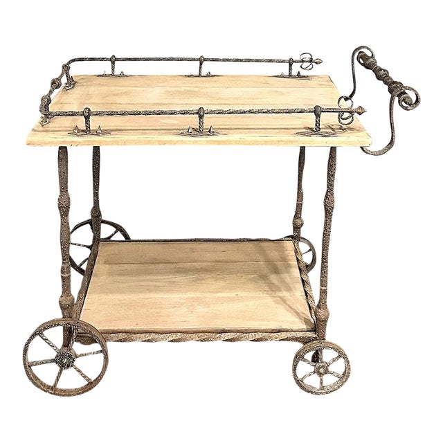 Antique Rustic Wrought Iron and Butcher Block Bar Cart For Sale