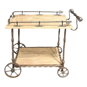 Antique Rustic Wrought Iron and Butcher Block Bar Cart