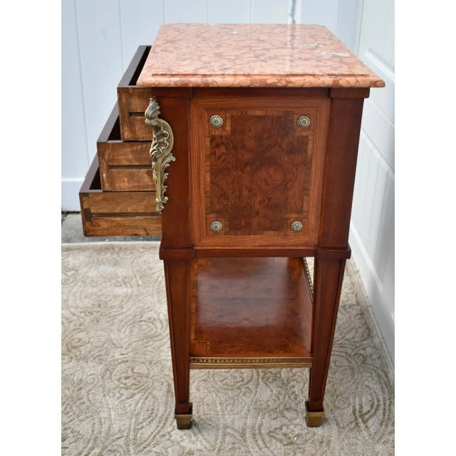 1980s Inlaid Wood Nightstand Vintage Italian 3 Drawer Marble Accent Chest Brass Ormolu 80s For Sale - Image 5 of 13