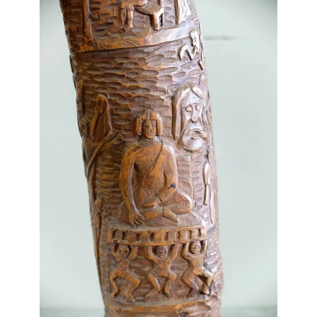 1940s Carved Wood Lamp with Straw Shade, 1930s For Sale - Image 5 of 7