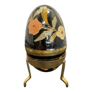 Vintage Black Gold Orange Cloisonné Brass Enamel Floral Egg Trinket Box 6 In For Sale