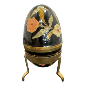 Vintage Black Gold Orange Cloisonné Brass Enamel Floral Egg Trinket Box 6 In