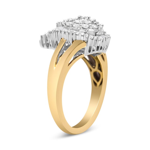 Contemporary 14K Yellow and White Gold 1.00 Cttw Round and Baguette-Cut Diamond Ballerina Cocktail Ring (H-I Color, SI2-I1 Clarity) For Sale - Image 3 of 7
