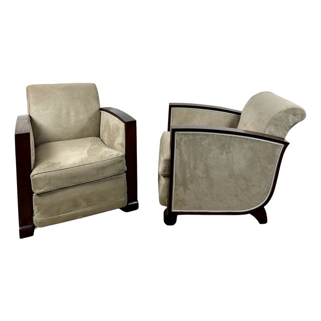 Art Deco Armchairs in Rosewood and Suede, 1920, Set of 2 For Sale