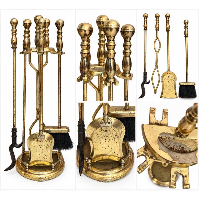 Vintage brass fireplace tool set in Hollywood Regency style with elegant turned handles and classic proportions. The aged...
