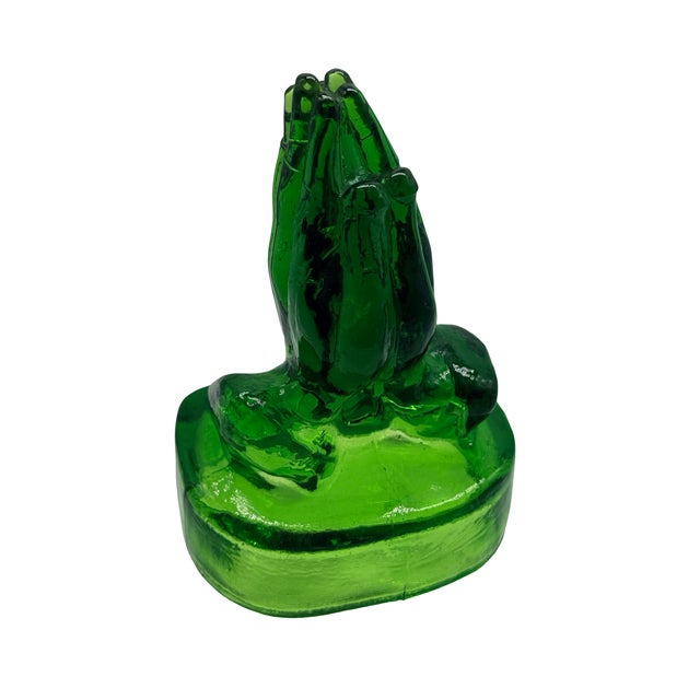 Vintage Emerald Green Pressed Glass Praying Hands Sculpture For Sale - Image 11 of 11