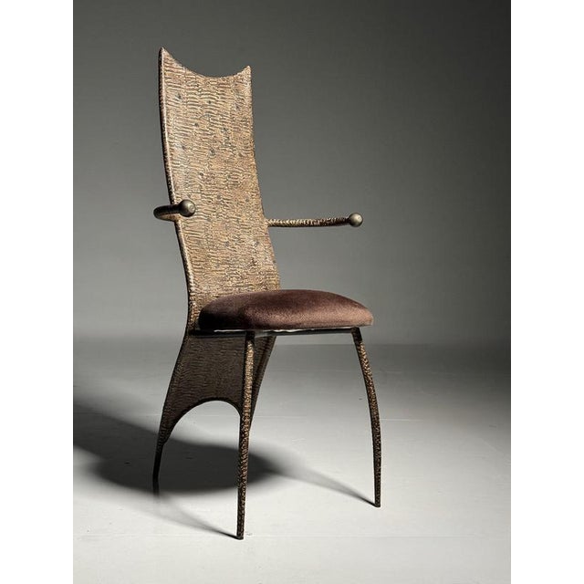 Post-modern style chair. Hammered metal back with a bronze appearance. Presumably from france, ca. 1980-1990. Dimensions:...