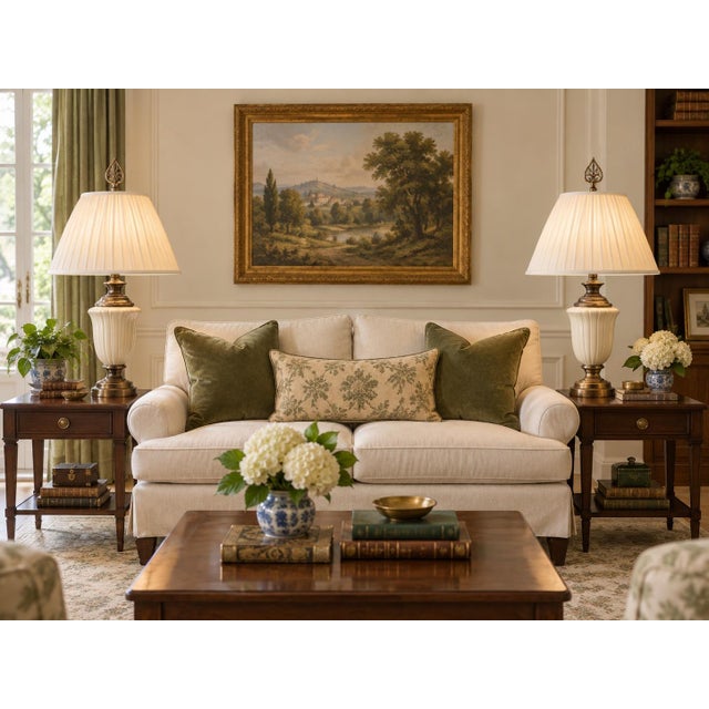 Ivory Vintage Neoclassical Cream Ceramic Urn Lamps With Pleated Ivory Shades - a Pair For Sale - Image 8 of 12