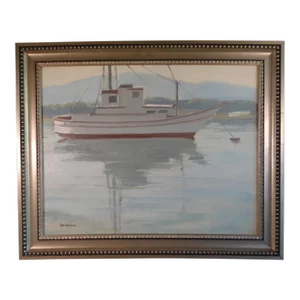 Mid 20th Century Harbor Scene Oil Painting by Sam Hyde Harris, Framed