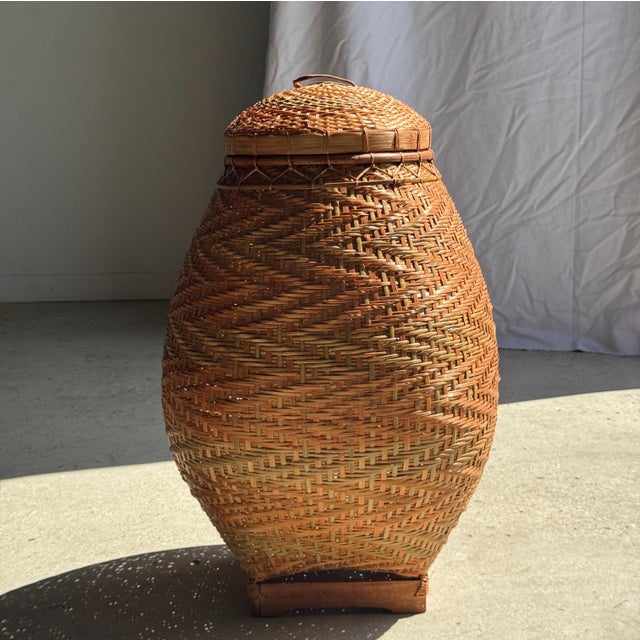 Brown Large Indonesian Oval Wickerwork Basket with Lid For Sale - Image 8 of 18