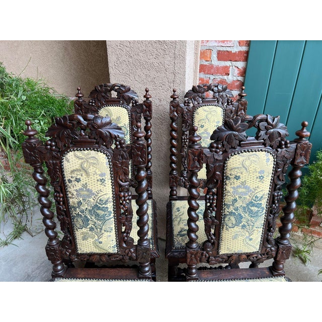 Brown Set 4 Antique French Dining Chairs Barley Twist Renaissance Carved Oak Green 1900 For Sale - Image 8 of 18