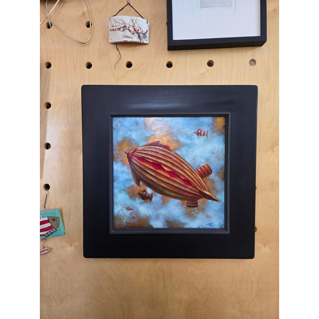 Surrealism An Exceptional Flight by Tammi Otis | Oil Painting of a colorful airship in the sky with fish. For Sale - Image 3 of 4