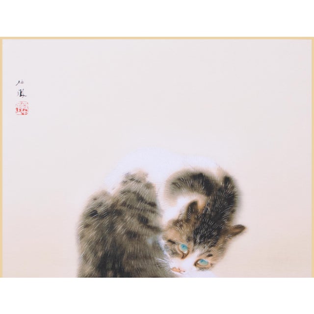 Japanese "Cat", Heisei Era Japanese Silk Painting For Sale - Image 3 of 15