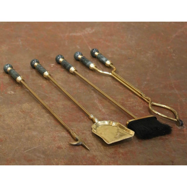 Mid-Century French Brass and Green Marble Five-Piece Fireplace Tool Set For Sale - Image 4 of 9