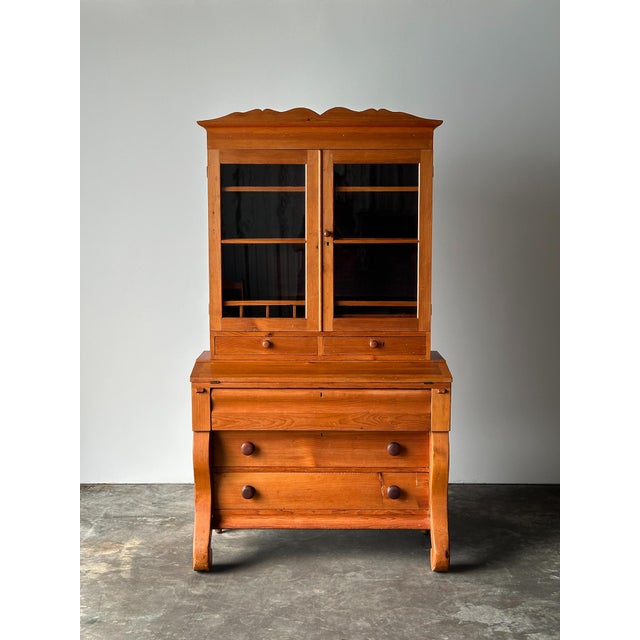 Pine Fall-Front Secretary Desk With Glass-Front Bookcase, Circa 1840s For Sale - Image 4 of 18