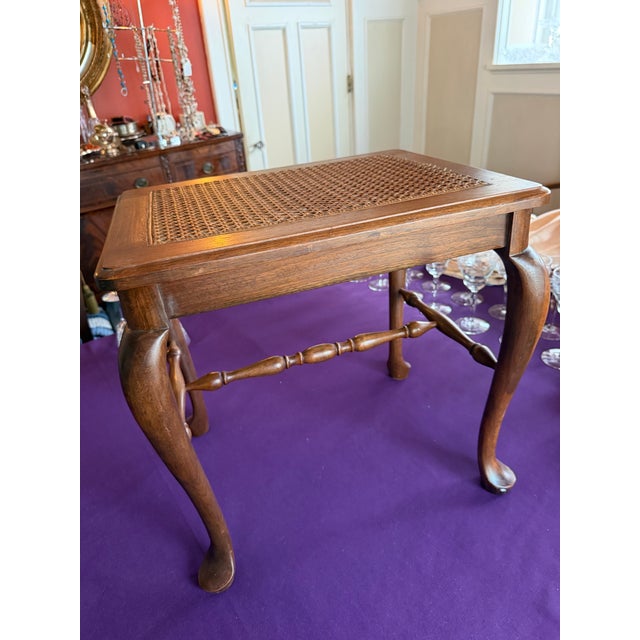 1960s Vintage Walnut Cane Seat Cabriole Leg Spindle Stretcher Piano Bench With Cushion For Sale - Image 5 of 12