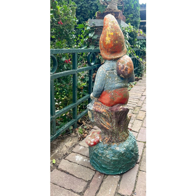 Vintage Concrete Garden Gnome with Weathered Polychrome Paint, 1950s For Sale - Image 11 of 13