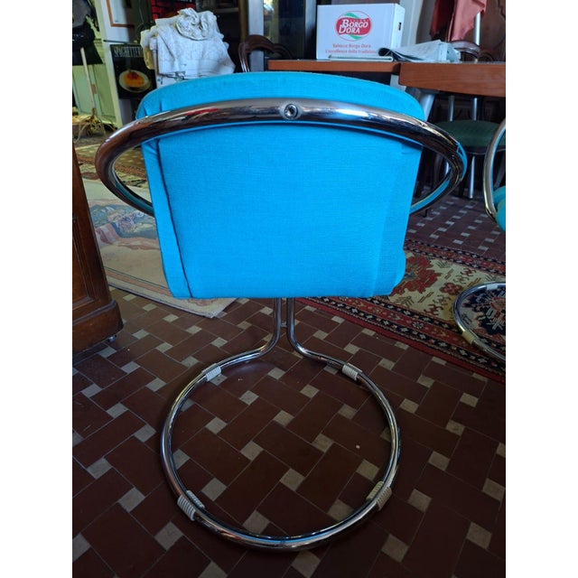Italian Steel and in Turquoise Cotton Upholstery Armchairs, 1960s, Set of 2 For Sale - Image 17 of 18