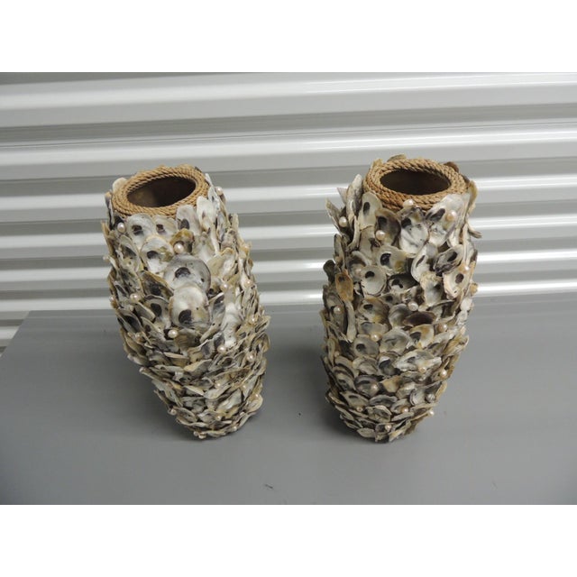 Gray Vintage Wabi Sabi Tall Round Encrusted Oyster Shells Vases With Faux Pearls - Set of 2 For Sale - Image 8 of 11