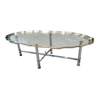 Scalloped Brass and Polished Steel Chrome Glass Top Cocktail Coffee Table For Sale