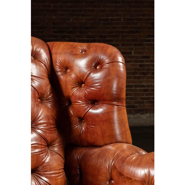 Plastic Mid 20th Century Tufted Vinyl Chesterfield Wingback Armchair in Brown For Sale - Image 7 of 17