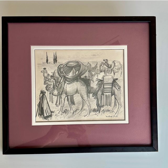 Original pencil sketch by the American artist Millard Sheets (1907-1989), featuring a scene with camels and herder...