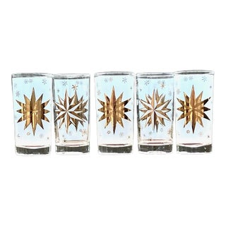 1970s Mid-Century Modern Federal Glass Atomic 22 Karat Gold North Star Mid-Century Highball Glasses Starburst Set of 5 Bartlett-Collins For Sale