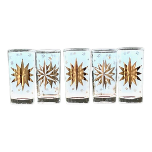 1970s Mid-Century Modern Federal Glass Atomic 22 Karat Gold North Star Mid-Century Highball Glasses Starburst Set of 5 Bartlett-Collins