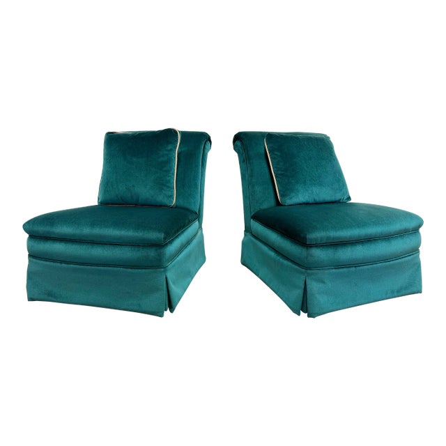 Vintage Deep Teal Velvet Tufted Back Slipper Chairs, a Pair For Sale