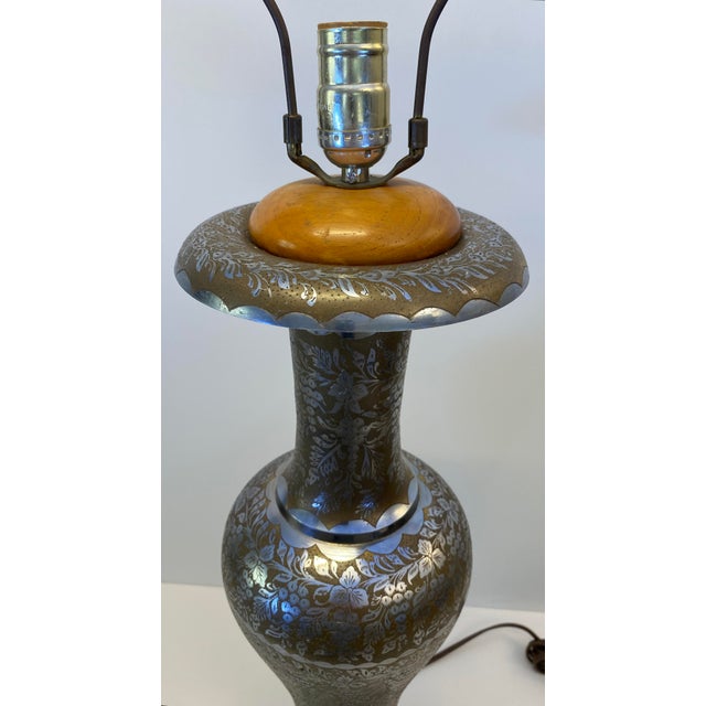 Hollywood Regency Pair of Moorish Etched Metal Table Lamps With Floral Arabesque Motifs For Sale - Image 3 of 8